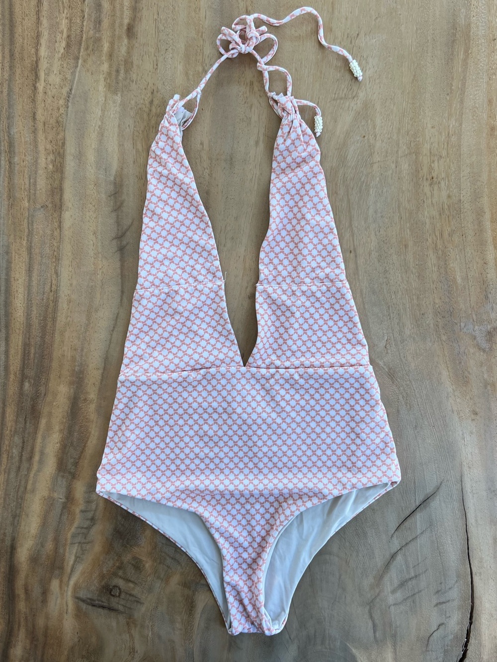Tavik Emme Halter Deep V One Piece Beige Taupe Print Swim Suit XS SRP $168